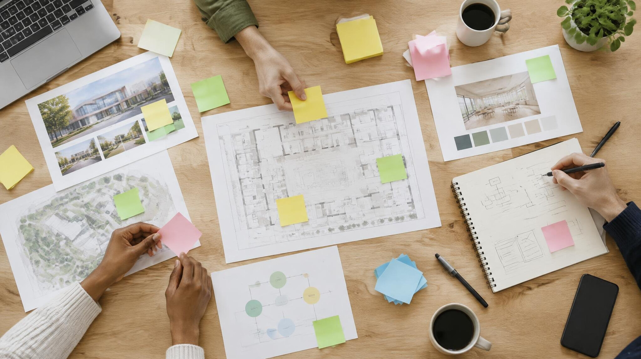 Notes and sticky papers on a table during a planning session