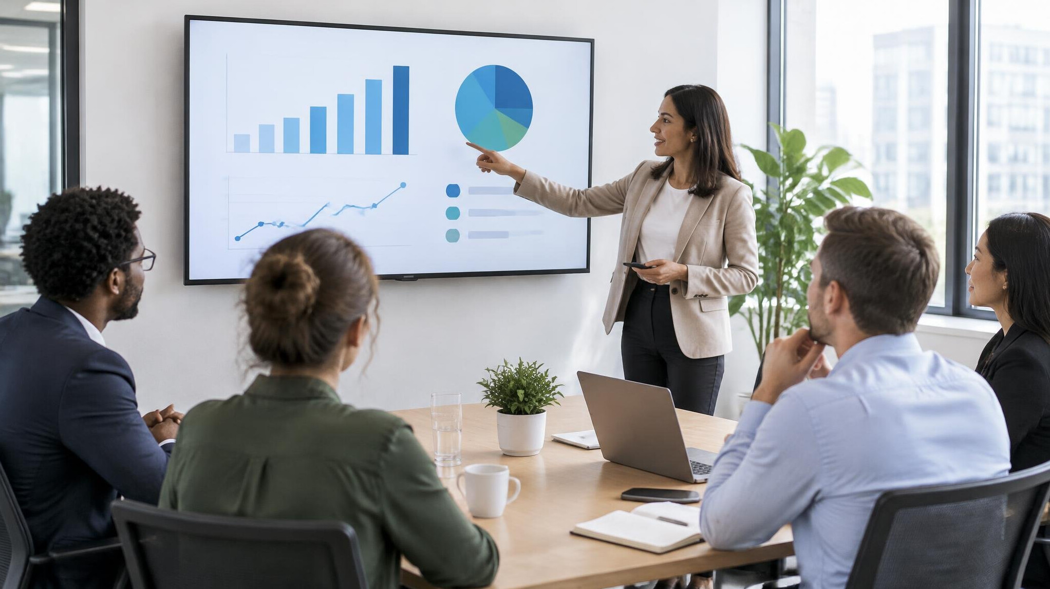Presenter showing a chart on a whiteboard to colleagues