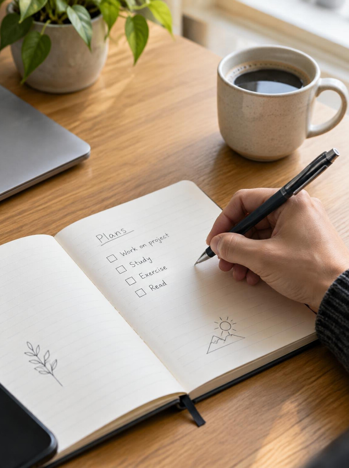 Hand writing notes in a notebook at a desk