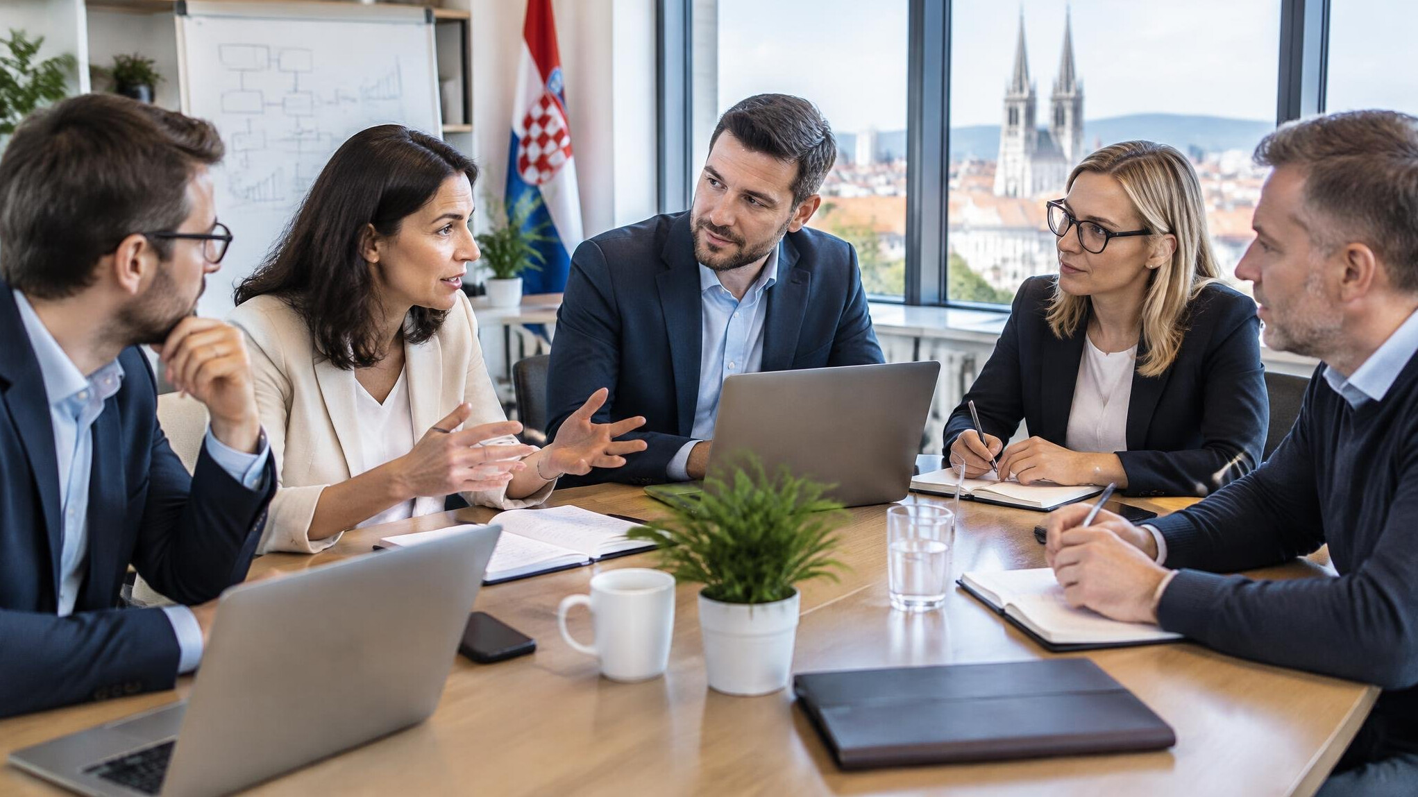 Group of adults planning around a table with laptops and notes