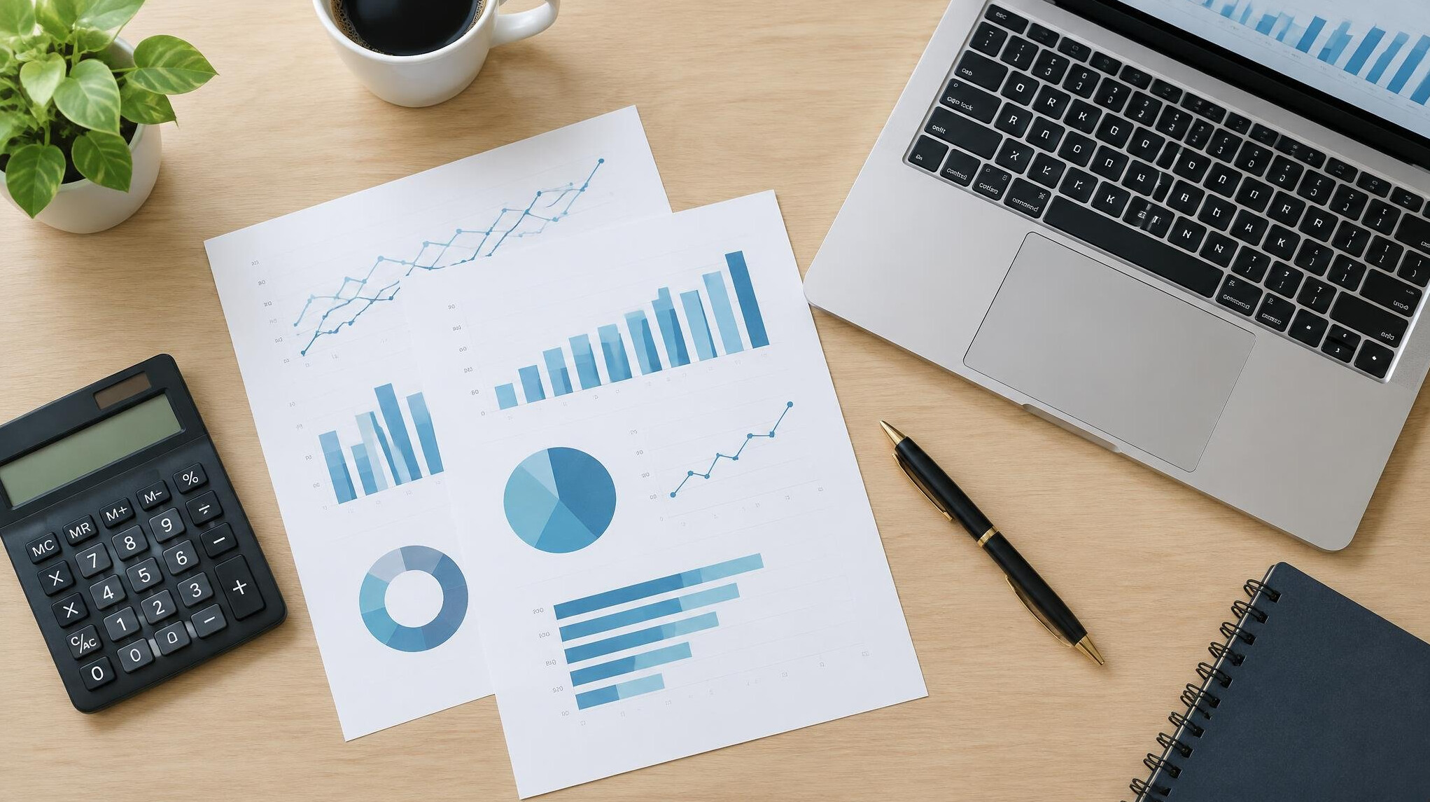 Desk with printed charts, calculator and laptop