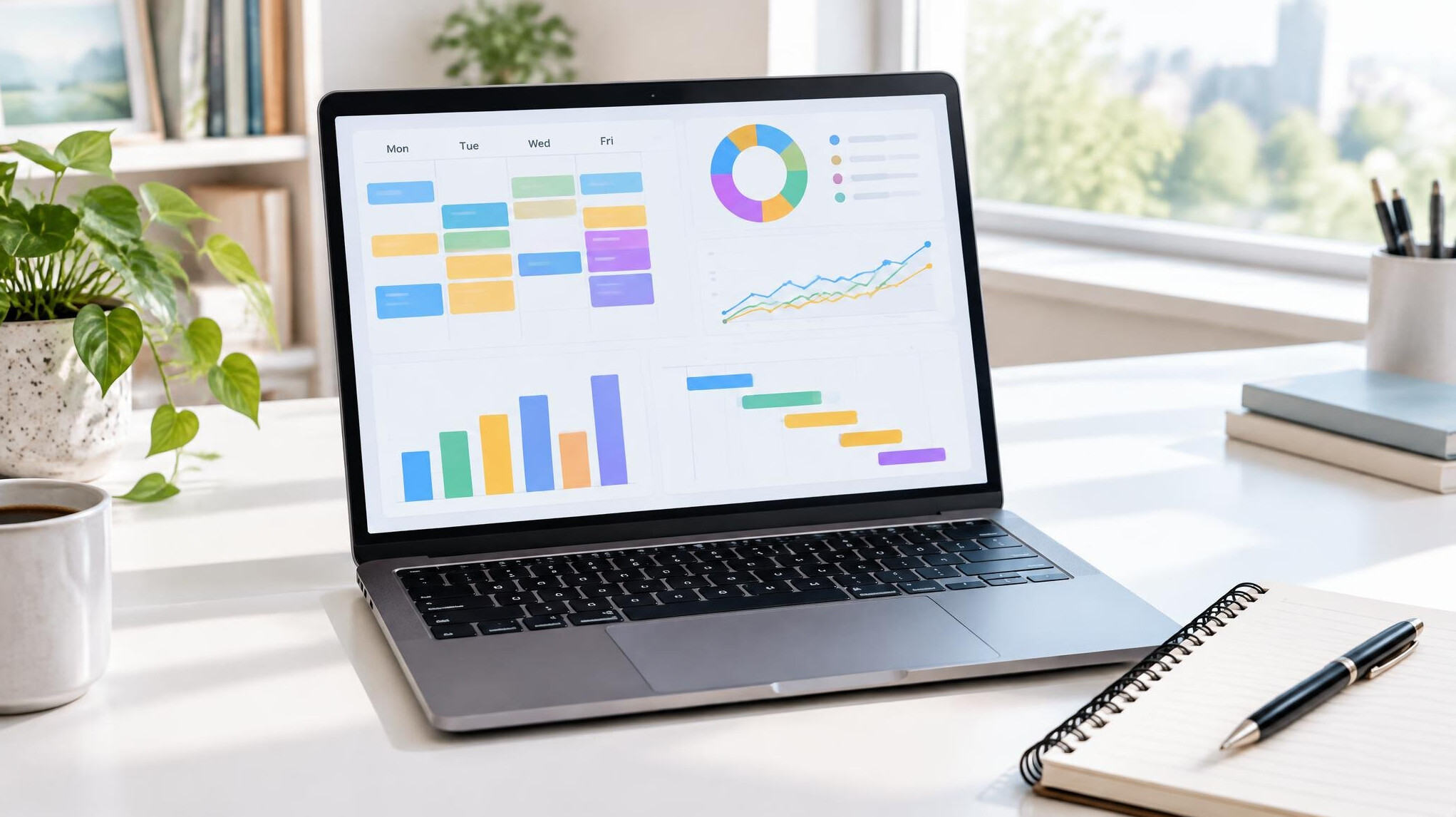 Laptop screen showing analytics charts and planning dashboard